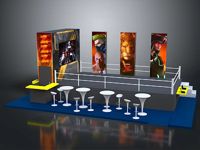 Exhibition Booth Setup With Boxing Ring Display Posters And High Top Tables 3d model