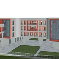Modern School Building With White And Red Facade Multiple Floors Large Windows Green Lawn Front