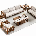 Wooden Frame Sofa Coffee Table Set With Light Colored Cushions And Side Tables 3d model