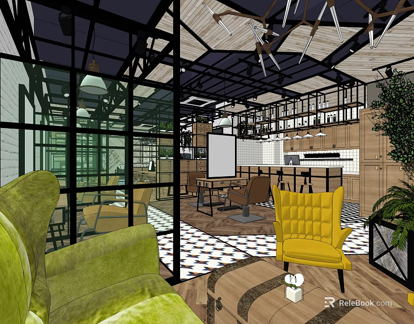 Stylish Hair Beauty Salon Interior Featuring Green Sofas Yellow Chairs Wooden Cabinets And Pendant Lights 3d model 