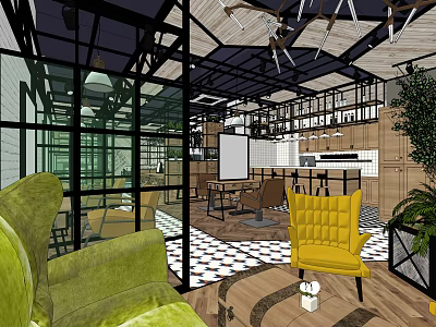 Stylish Hair Beauty Salon Interior Featuring Green Sofas Yellow Chairs Wooden Cabinets And Pendant Lights 3d model