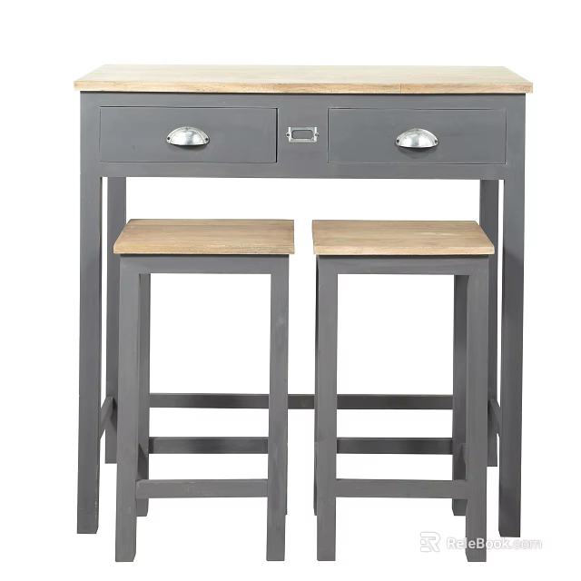 Gray Counter Height Table with Two Drawers and Light Wood Stools Set 3d model 