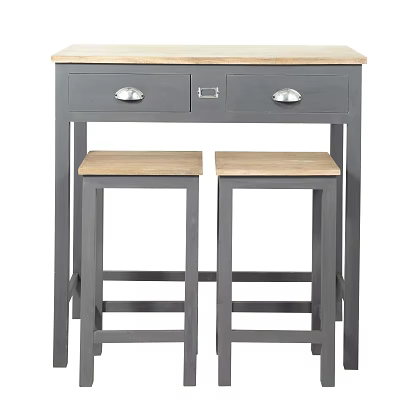 Gray Counter Height Table with Two Drawers and Light Wood Stools Set 3d model