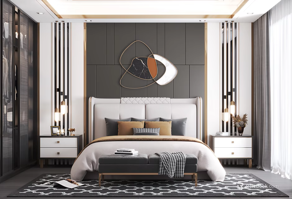 Elegant Modern Bedroom Interior Design With Geometric Decor Headboard Wall Nightstands And Rug 3d model 