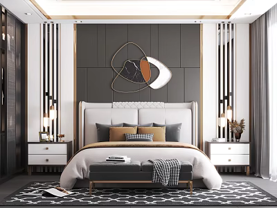 Elegant Modern Bedroom Interior Design With Geometric Decor Headboard Wall Nightstands And Rug 3d model