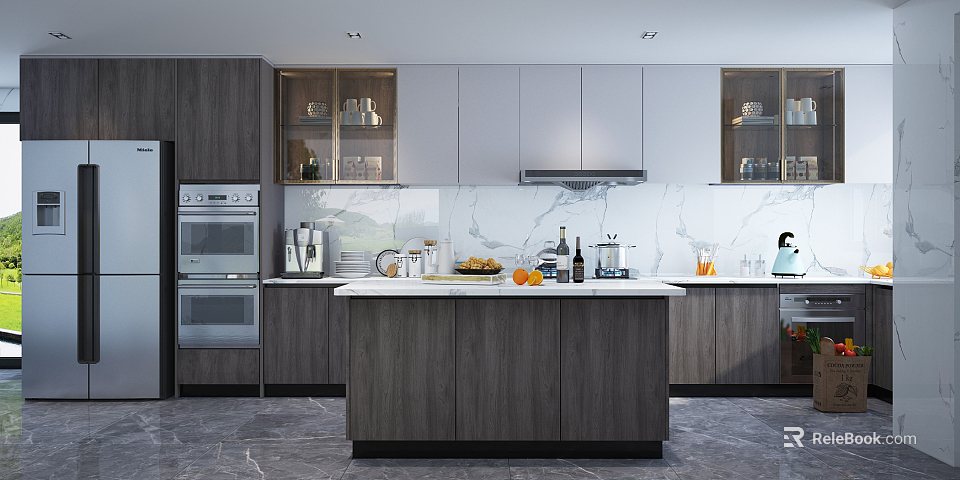 Modern Kitchen Interior Design With Island Countertop Cabinets Glass Doors And Appliances 3d model 