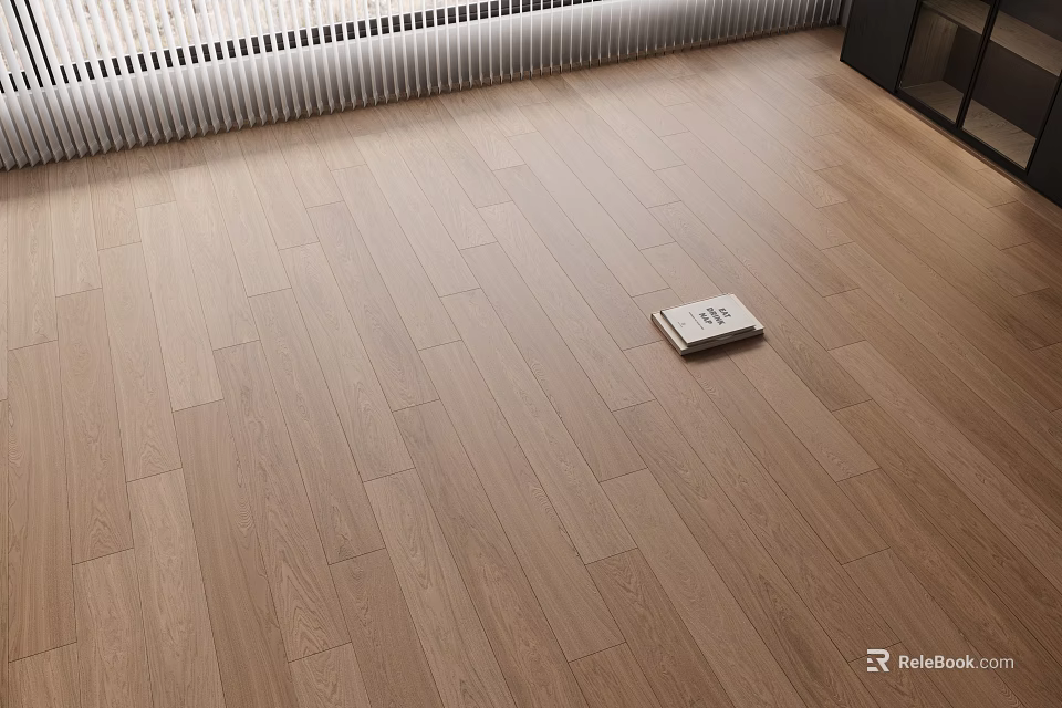 Light Natural Wooden Floor With Book And Window Blinds Near Black Cabinet 3d model 