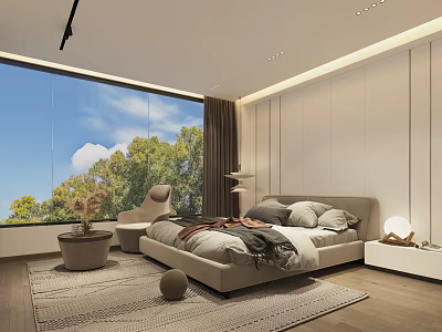 Modern Hotel Room Interior With King Bed Large Window Area Rug And Bedside Lamps 3d model