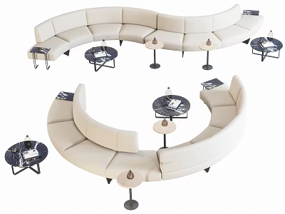 Beige Curved Sofa and Round Coffee Table Combination with Marble Tops and Metal Legs 3d model