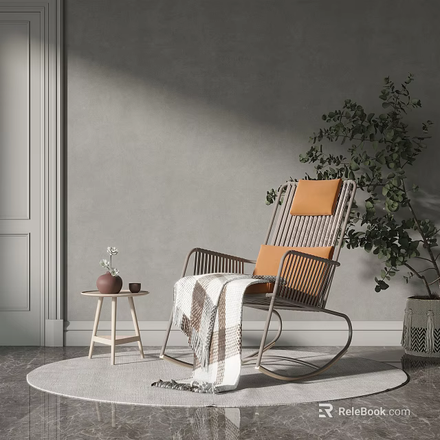 Stylish Rocking Leisure Chair with Orange Cushion Small Side Table and Green Plant Against Gray Wall 3d model 