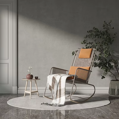 Stylish Rocking Leisure Chair with Orange Cushion Small Side Table and Green Plant Against Gray Wall 3d model