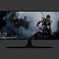 Curved Computer Monitor Gaming Display With Character Castle Time Date On Screen
