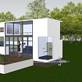 Modern Mobile House With White Exterior Large Windows And Glass Doors On Green Lawn
