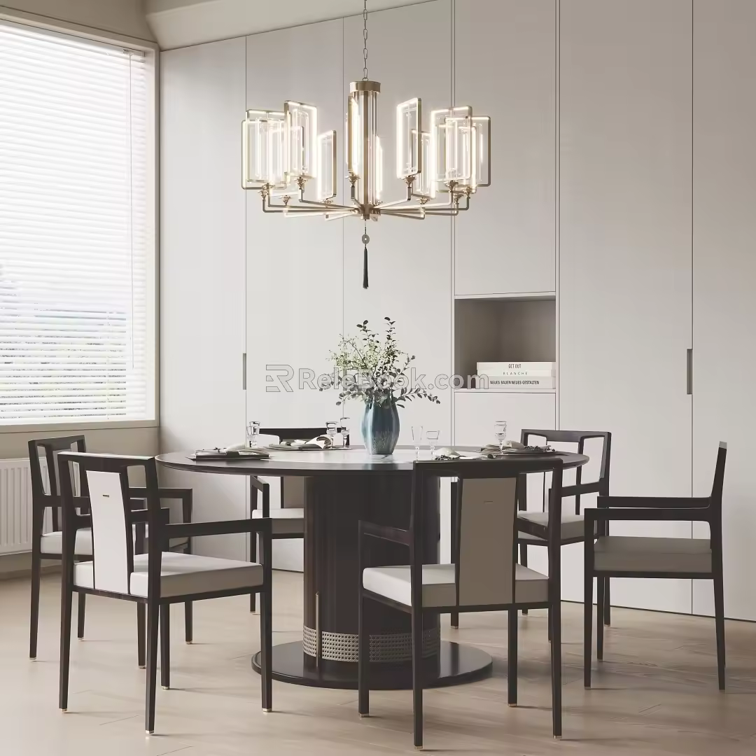 Modern Dining Table and Chair Dining Table Dining Chair Tableware Ornaments Chandelier 3d model