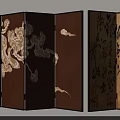 Traditional Folding Screens With Cloud Patterns Calligraphy And Red Seals Design 3d model