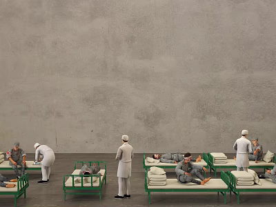 Gray Walled Hospital Building Interior With Green Beds Patients And Medical Staff 3d model