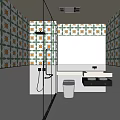 Vibrant Patterned Tiles Bathroom Interior With Glass Shower Double Vanity And Mirror