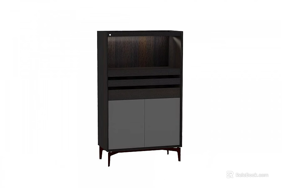 Modern Wooden Sideboard Cabinet With Gray Doors Open Shelves And Slim Legs 3d model 