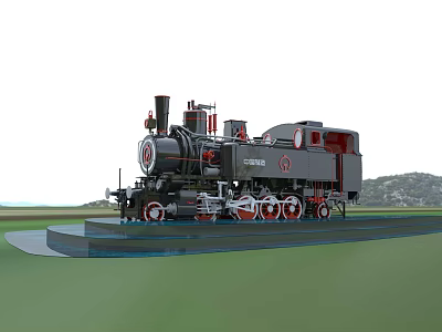 Garden Landscape With Steam Train Model On Blue Platform Green Lawn And Distant Mountains 3d model