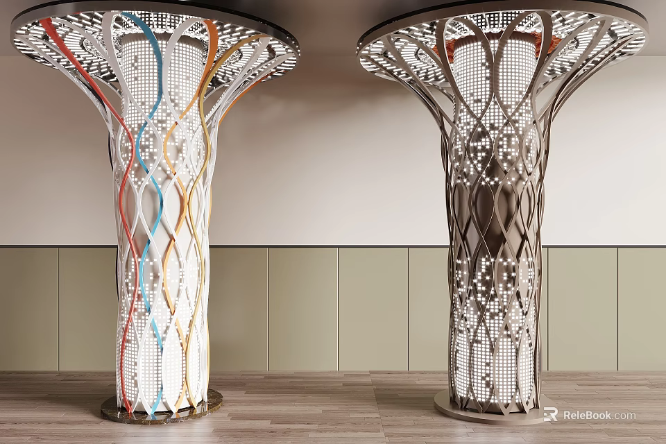 Modern Artistic Pillars With Intricate Laser Cut Patterns And Colorful Curved Lines 3d model 