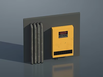 Vertical Industrial Metal Pipes With Yellow Control Box Mounted On Gray Panel 3d model