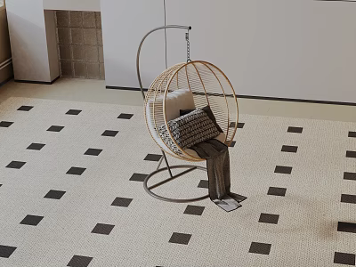 Modern Woven Rattan Hanging Leisure Chair With Cushion On Geometric Pattern Rug 3d model