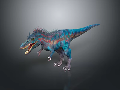 3D Dinosaur Model With Blue And Red Colored Spiked Mane Open Mouth Standing Pose 3d model