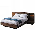 Modern Double Bed With Wooden Headboard White Sheets Pillows And Blue Blanket