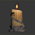 Burning Orange Candle With Melting Wax On Metal Candlestick Holder Against Dark Background