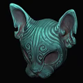 Intricate Teal Cat Mask With Carved Swirl Patterns And Large Ears