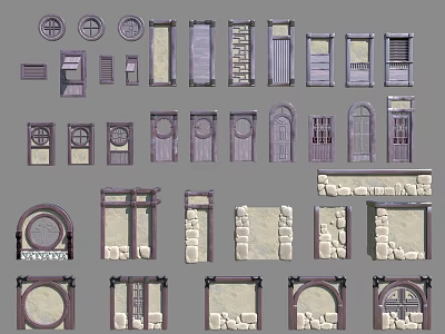 Scene Components With Various Door Styles Architectural Elements And Stone Wall Designs 3d model