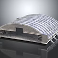 Large Modern Architectural Structure With Arch Roof Striped Design And Steel Supports Gray Exterior