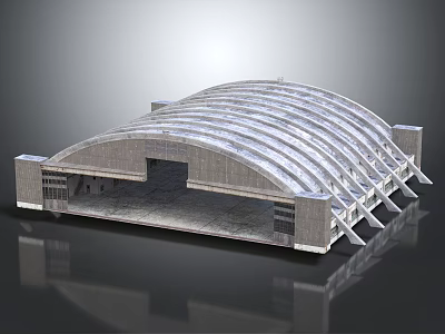 Large Modern Architectural Structure With Arch Roof Striped Design And Steel Supports Gray Exterior 3d model