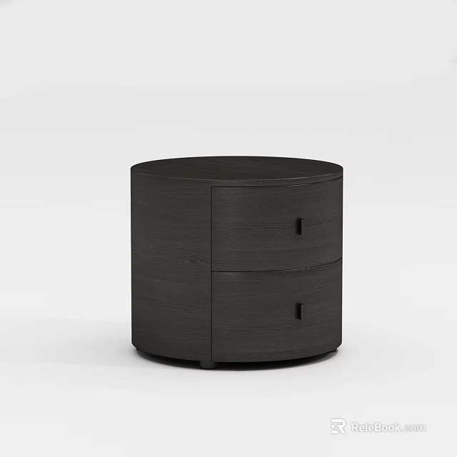 Modern Dark Wooden Round Nightstand With Two Drawers And Smooth Surface 3d model 