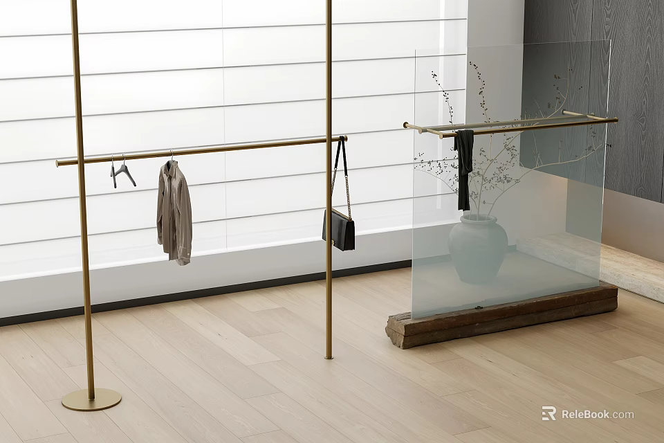 Golden Clothes Rack With Garment Black Bag Glass Shelf Vase White Blinds Light Wood Floor 3d model 