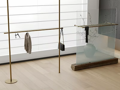 Golden Clothes Rack With Garment Black Bag Glass Shelf Vase White Blinds Light Wood Floor 3d model