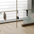 Golden Clothes Rack With Garment Black Bag Glass Shelf Vase White Blinds Light Wood Floor