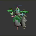 Green Mechanical Game Movie Character With Multiple Red Arm Components Cloud Like Base