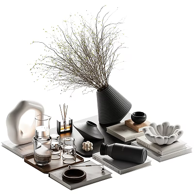 Decorative Ornament Set With Black Vase Twigs White Ornament Glassware Shell Decor And Books 3d model