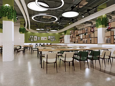 Bright Green Restaurant Interior With Circular Pendant Lights Wooden Tables Chairs And Green Plants 3d model