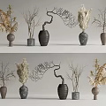 Various Ceramic Vases With Dried Branches Pampas Grass And Feathery Plants 3d model