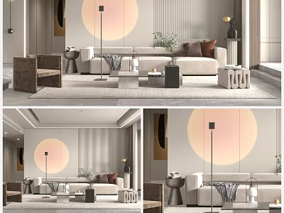 Modern Living Room Interior With Beige Sofa Brown Pillows Round Wall Decor And Floor Lamp 3d model
