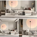 Modern Living Room Interior With Beige Sofa Brown Pillows Round Wall Decor And Floor Lamp