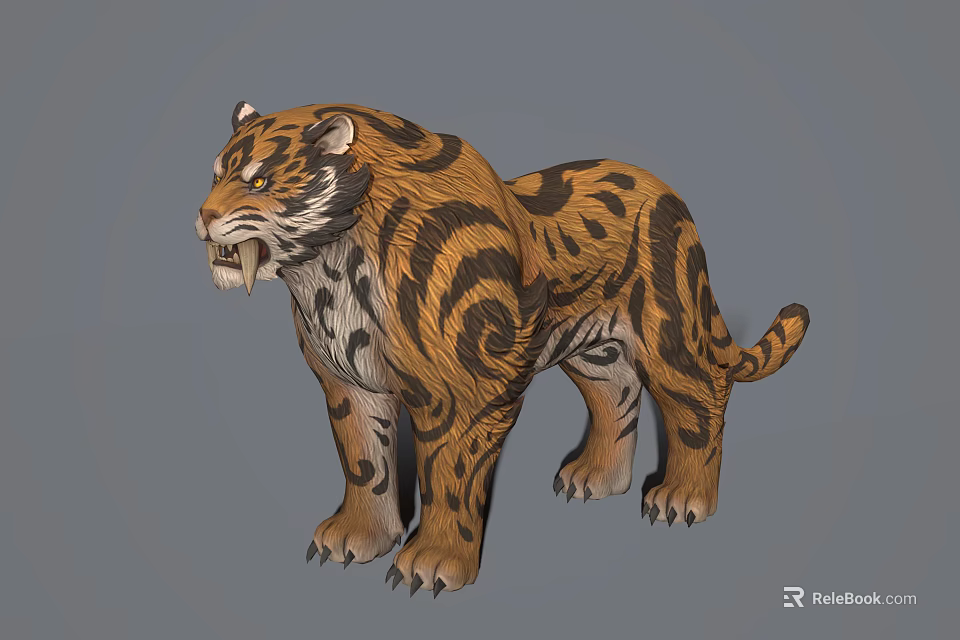 Realistic 3D Tiger Model Standing With Brown Black Swirl Patterns And Sharp Fangs 3d model 