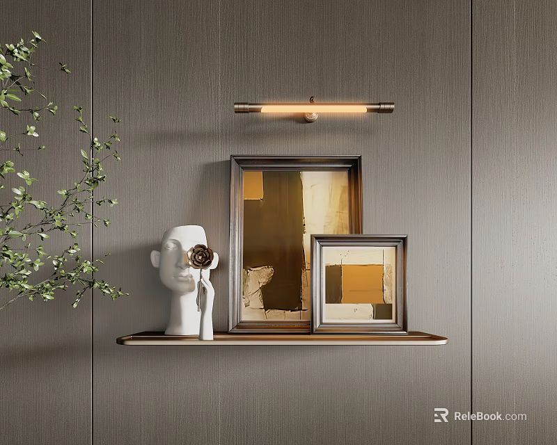 Abstract Paintings On Wooden Shelf Against Gray Wall With White Sculptural Head And Green Plant 3d model 