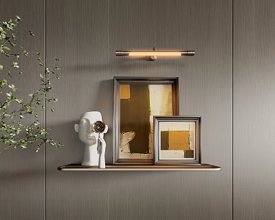 Abstract Paintings On Wooden Shelf Against Gray Wall With White Sculptural Head And Green Plant 3d model