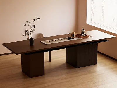 Japanese Style Wooden Tea Table and Chairs with Tea Set Vase Plant in Bright Room 3d model