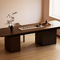 Japanese Style Wooden Tea Table and Chairs with Tea Set Vase Plant in Bright Room