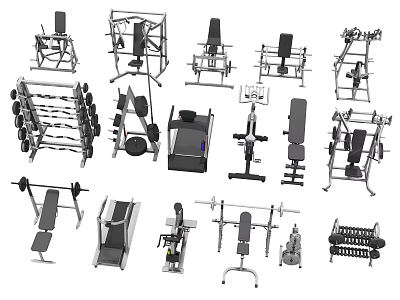 Various Types of Sports Equipment Including Weight Benches Dumbbells Treadmills And Fitness Racks 3d model