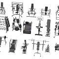 Various Types of Sports Equipment Including Weight Benches Dumbbells Treadmills And Fitness Racks